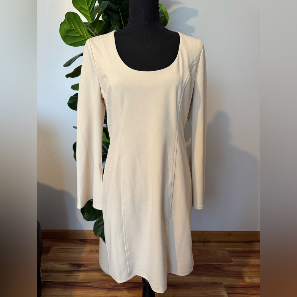 Donna Morgan Cream Long-Sleeve Scoop Neck Dress